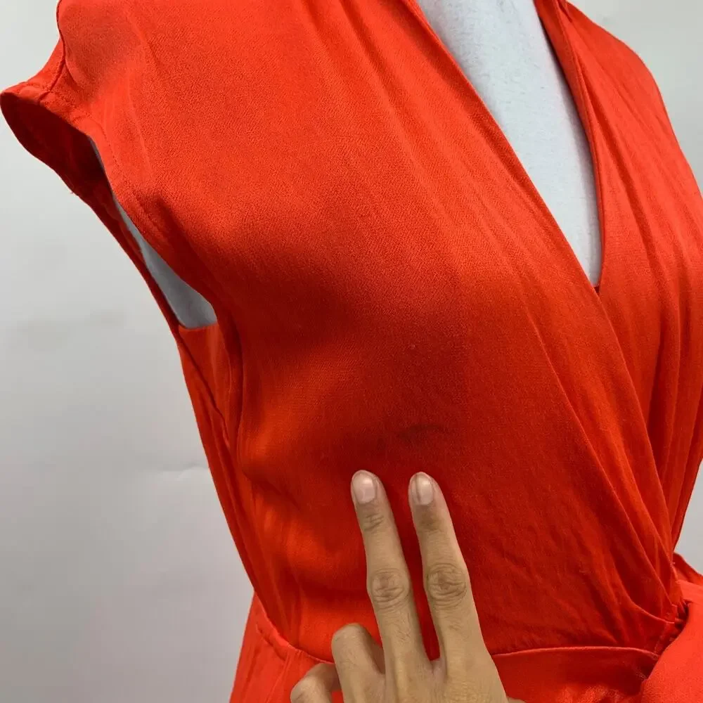 Maeve Dress Womens XS Extra Small Coral Open Back Satin Faux Wrap Tie Waist Midi